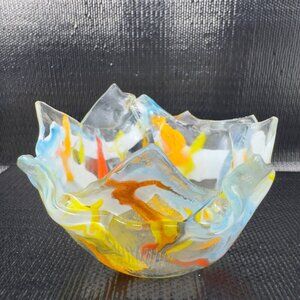 Vintage Hand Made Fused Art Glass Votive Holder Dish Bowl Multicolored Glass VTG